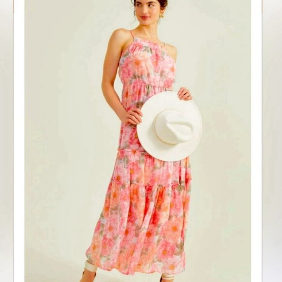 Altar’d State Tiered Maxi Floral Pink Dress Size Large NWT Coquette Slit Flowy - Picture 8 of 16